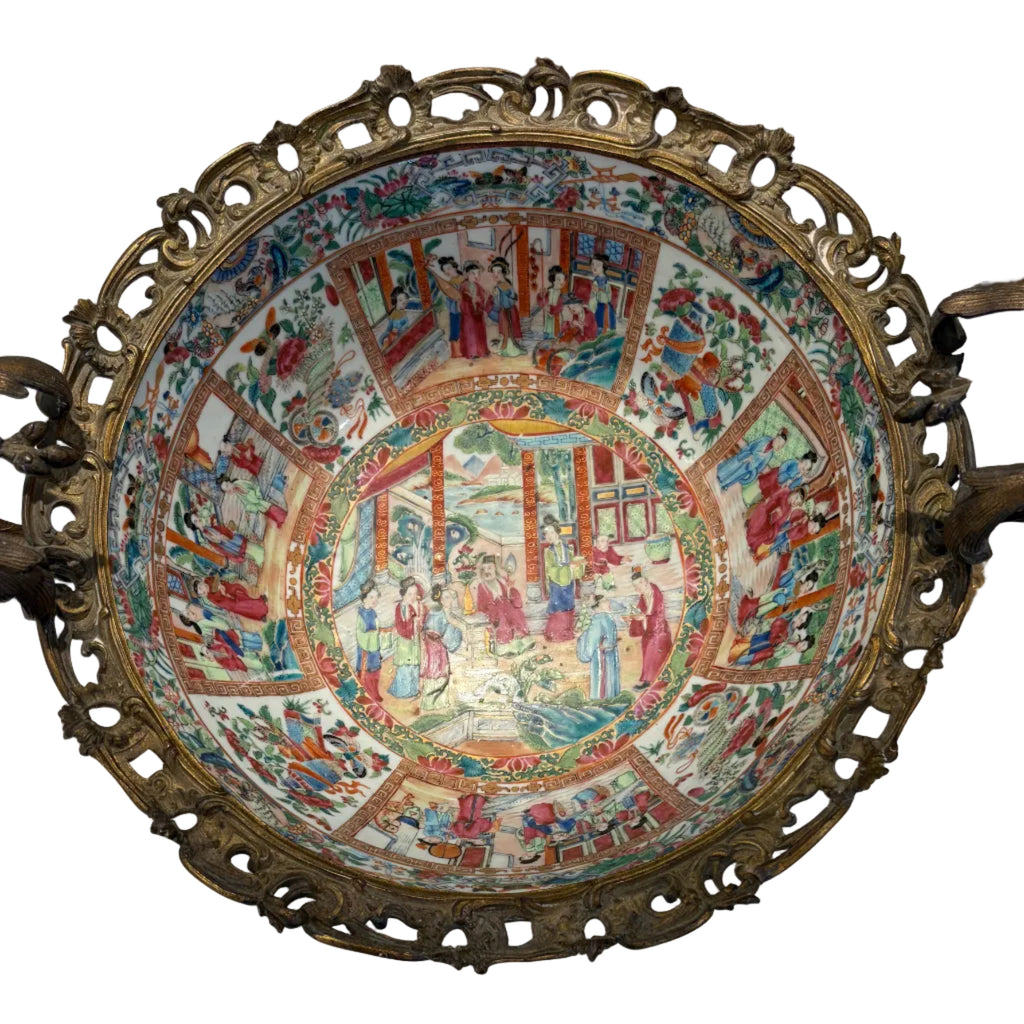 Rose Medallion Bowl with Bronze Stand