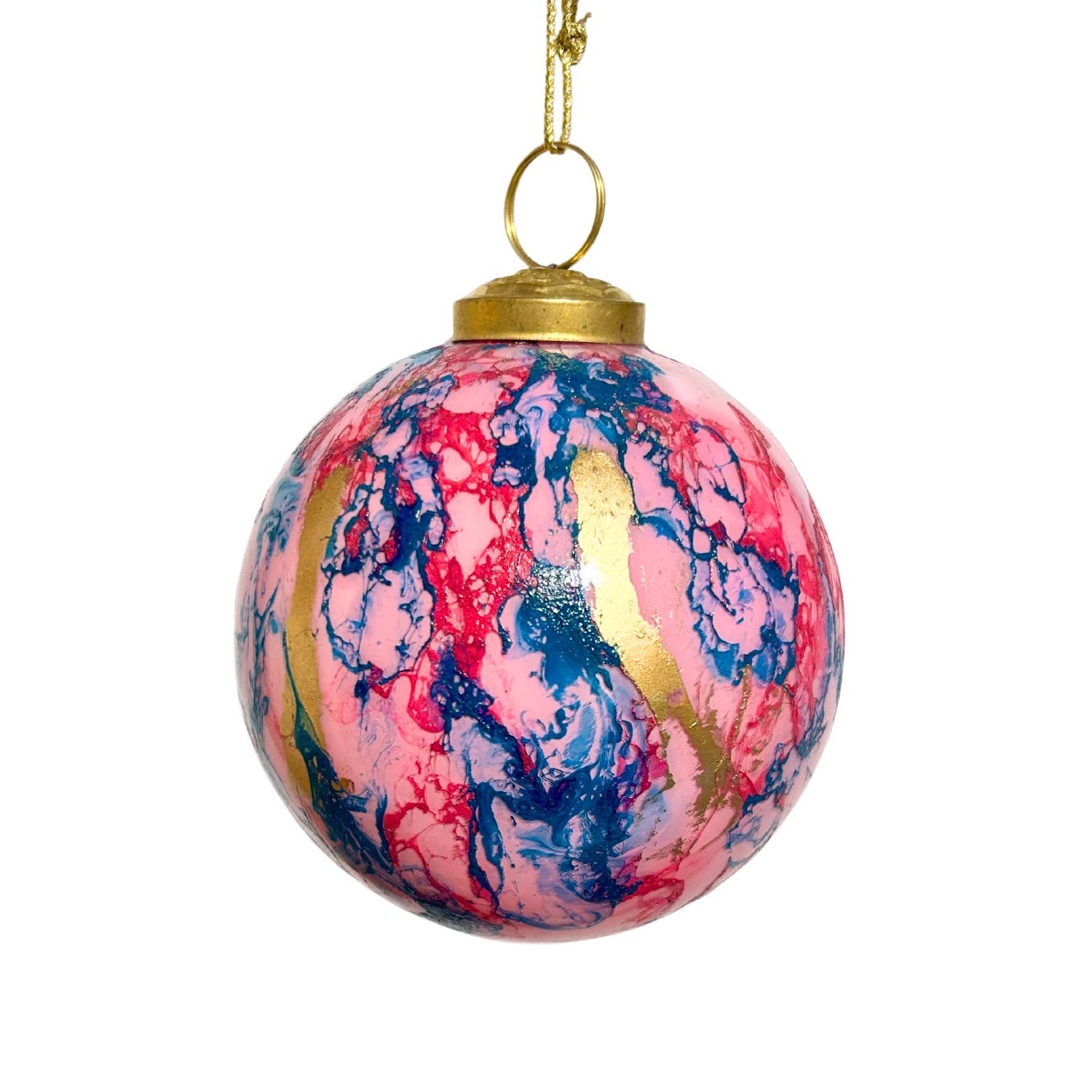 Blue/Pink/Gold Watercolor Glass Ball Ornament 4"