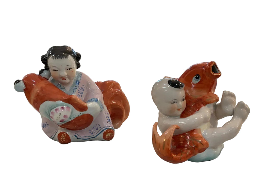 Children with Koi porcelain figurine Set