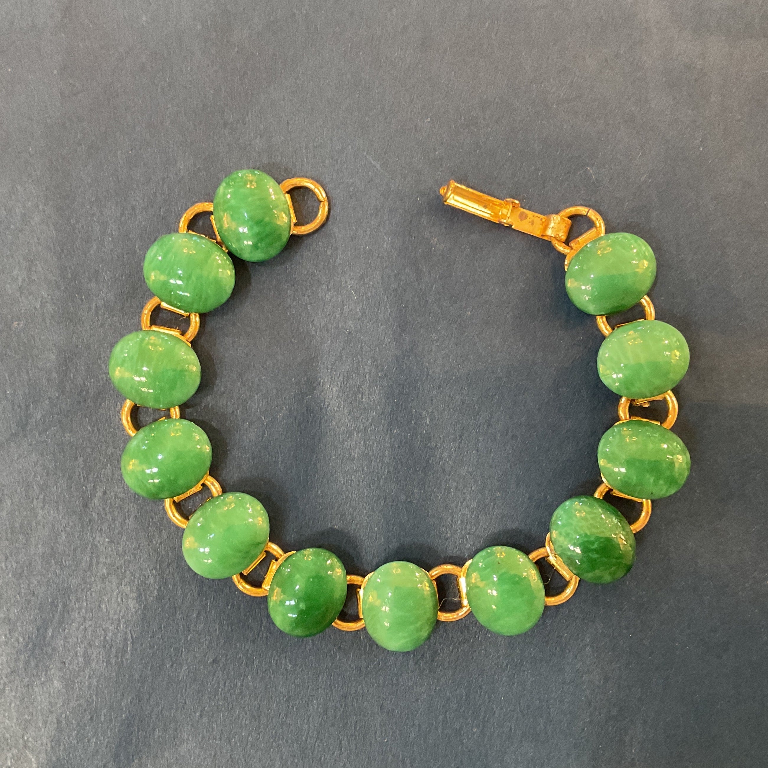 Oval Green Jade Glass Vintage Bracelet