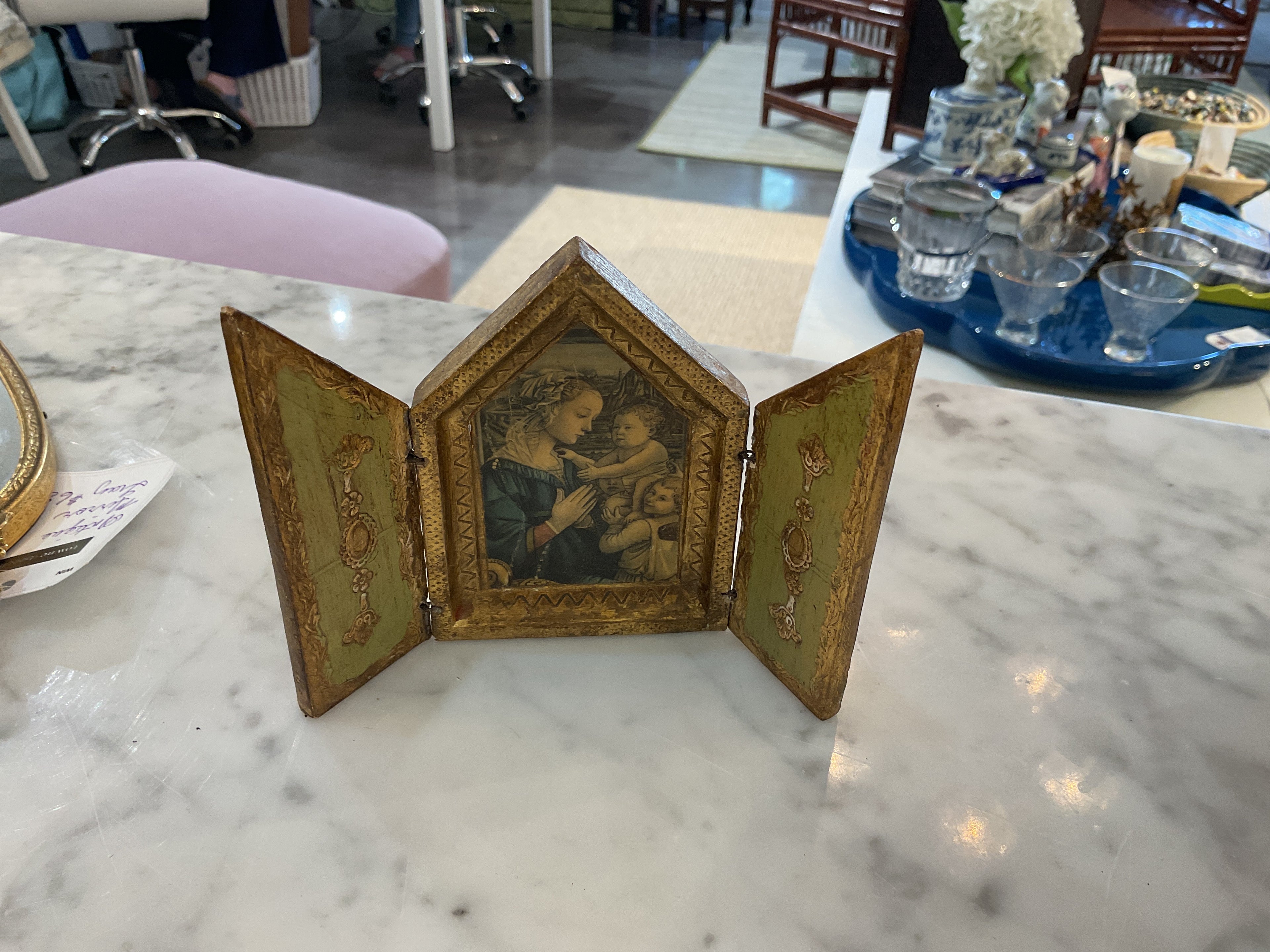 Vintage wood triptych Italian Florentine gold and green picture