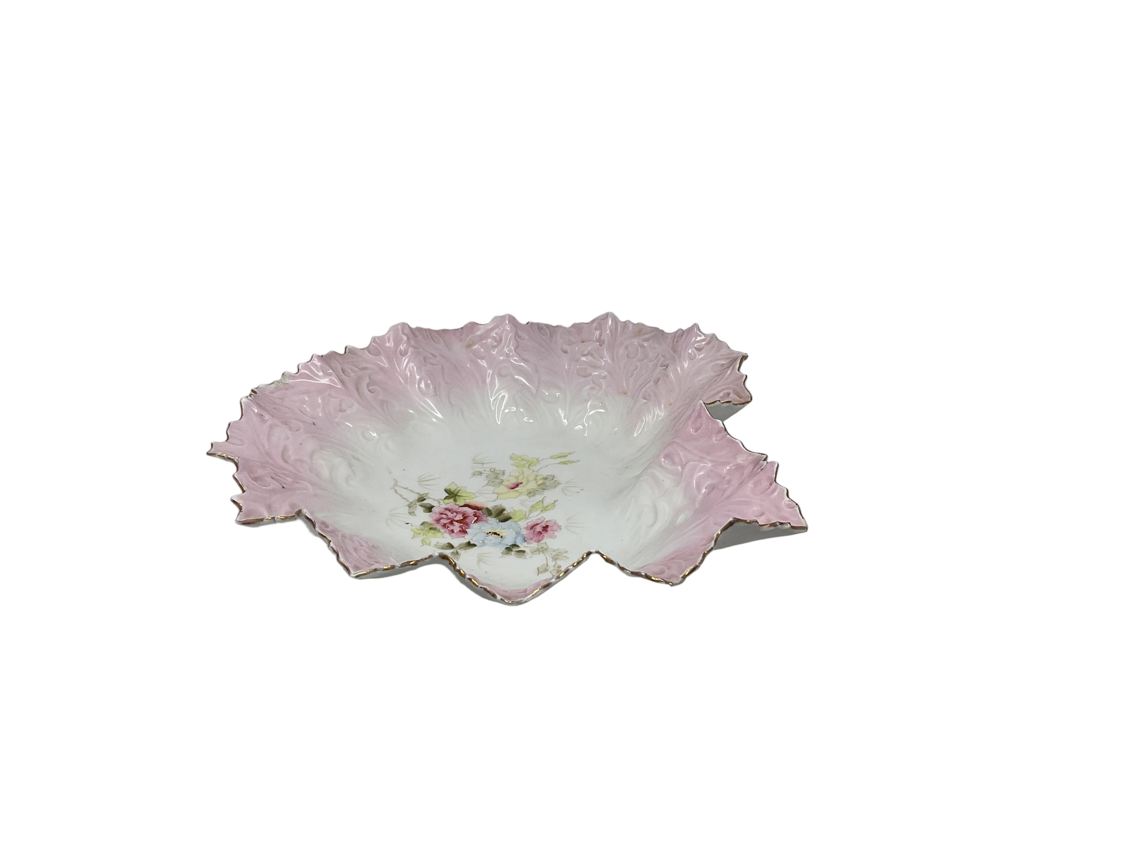 Antique Pink and White French Heart-Shaped Ruffled Bowl