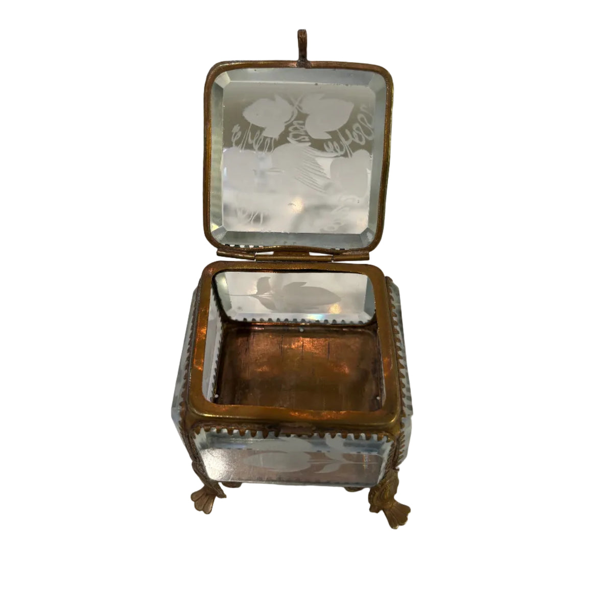Antique Etched Glass and Bronze Trinket Box