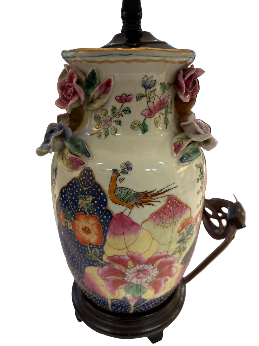 Vintage Tobacco Leaf Lamp with Applied Flowers (shade not included)