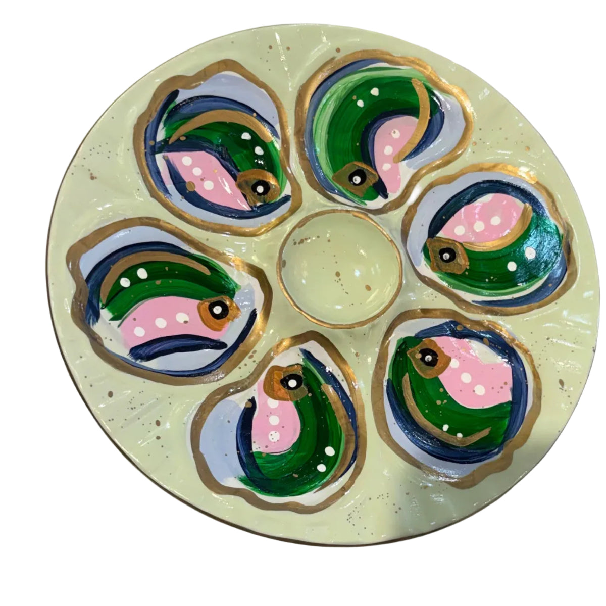 Hand-painted Oyster Plate (Lime Green with dark green, pink, light blue and dark blue)