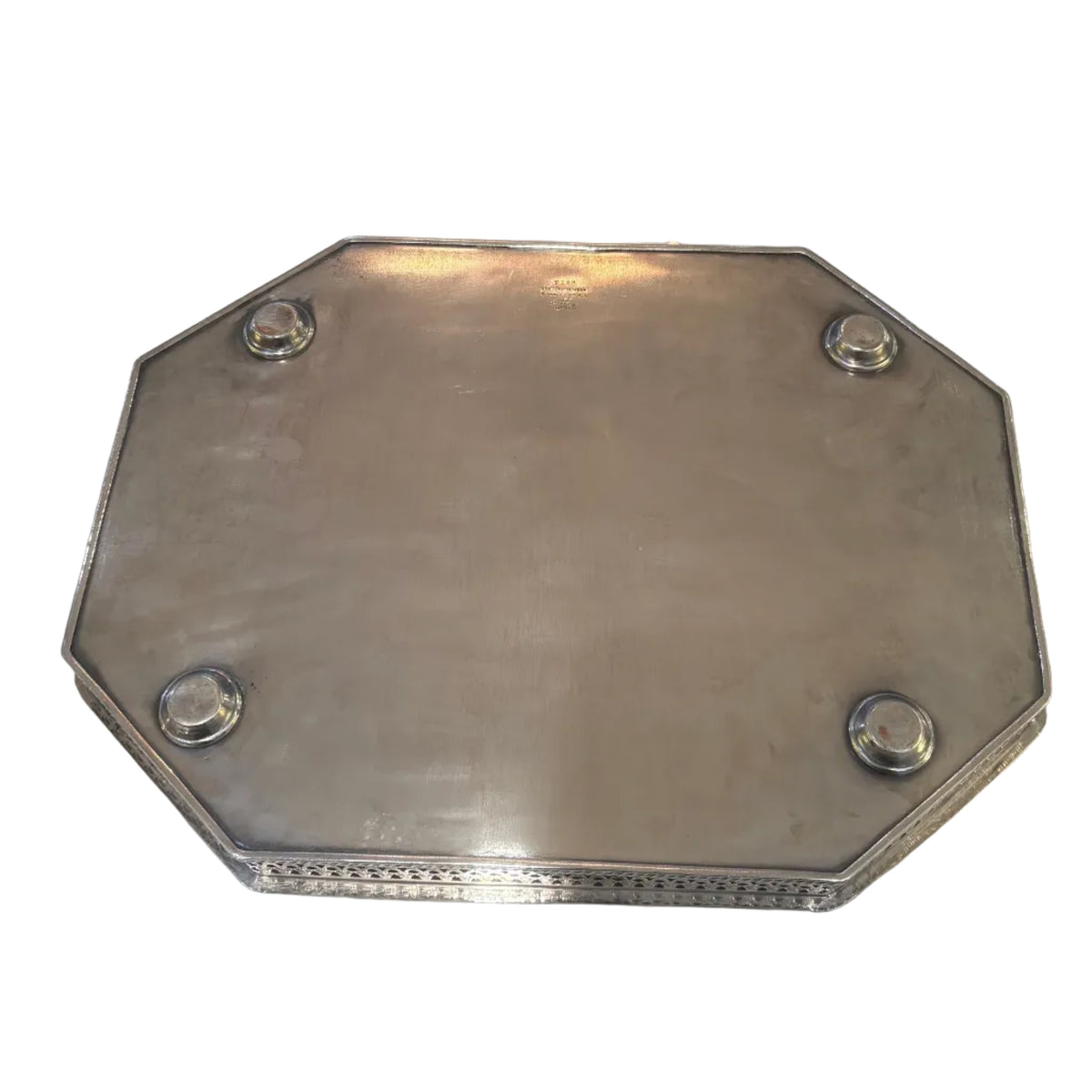 Antique Octagonal English Silver on Copper Gallery Tray (w/etching and pierced detail)