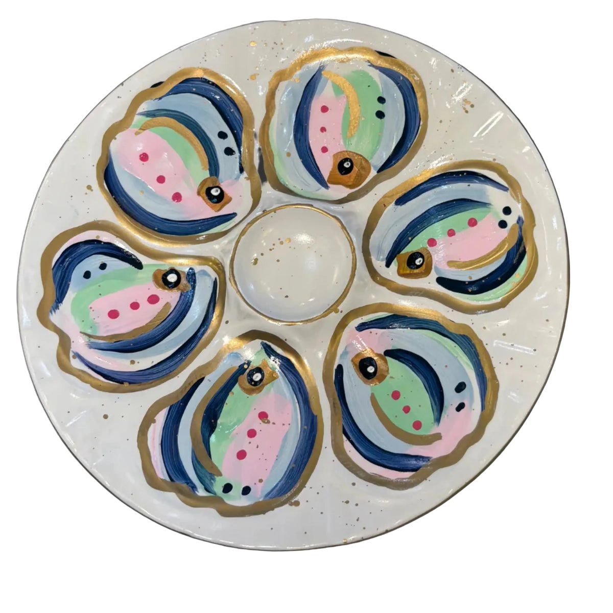 Hand-painted Oyster Plate (White w/ pink, green, blue, gold)