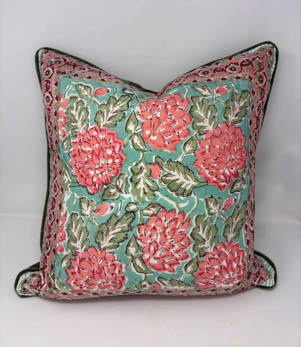 Hand Blocked Floral Pillow- Aqua and Pink