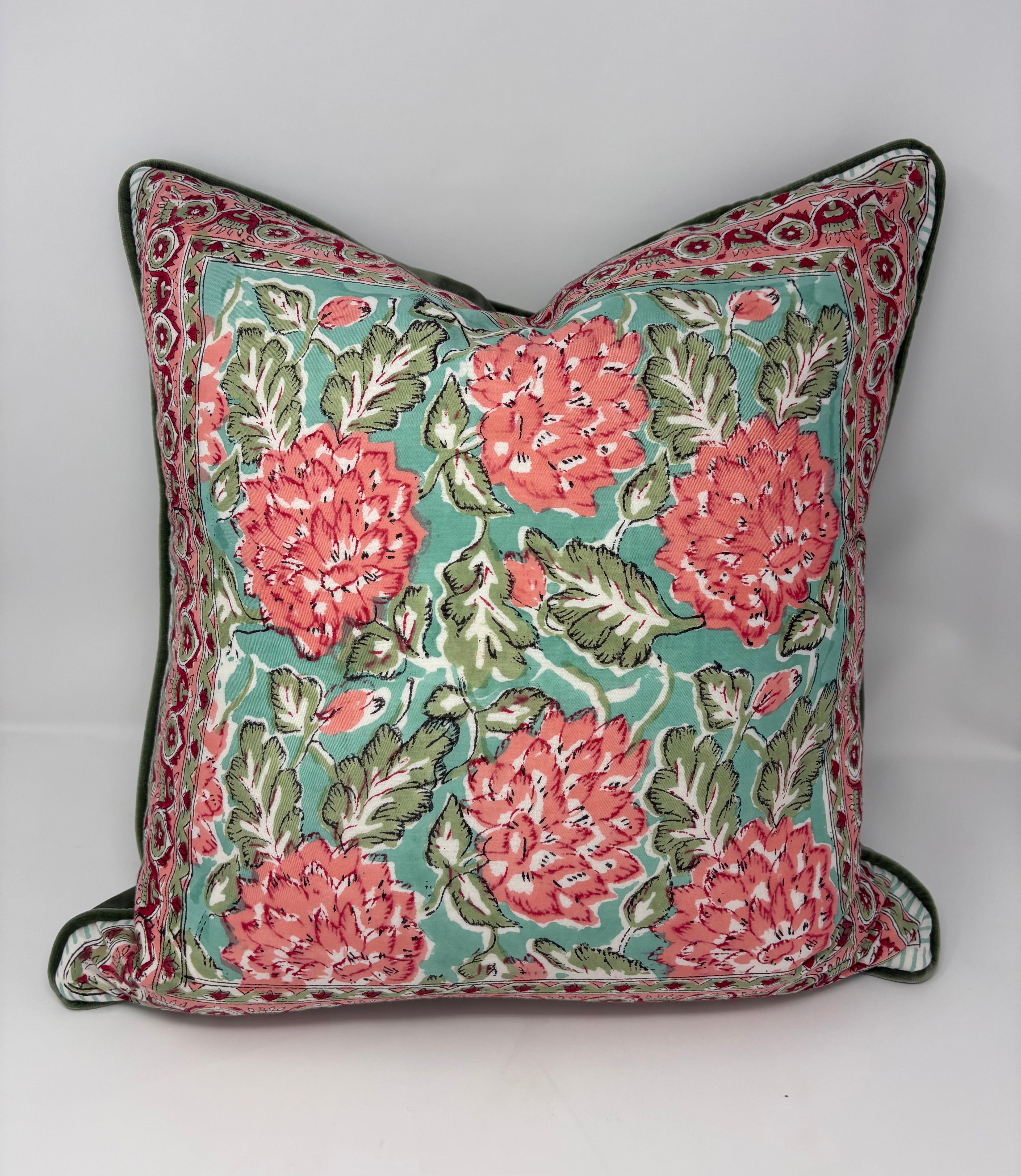 Hand Blocked Floral Pillow- Aqua and Pink