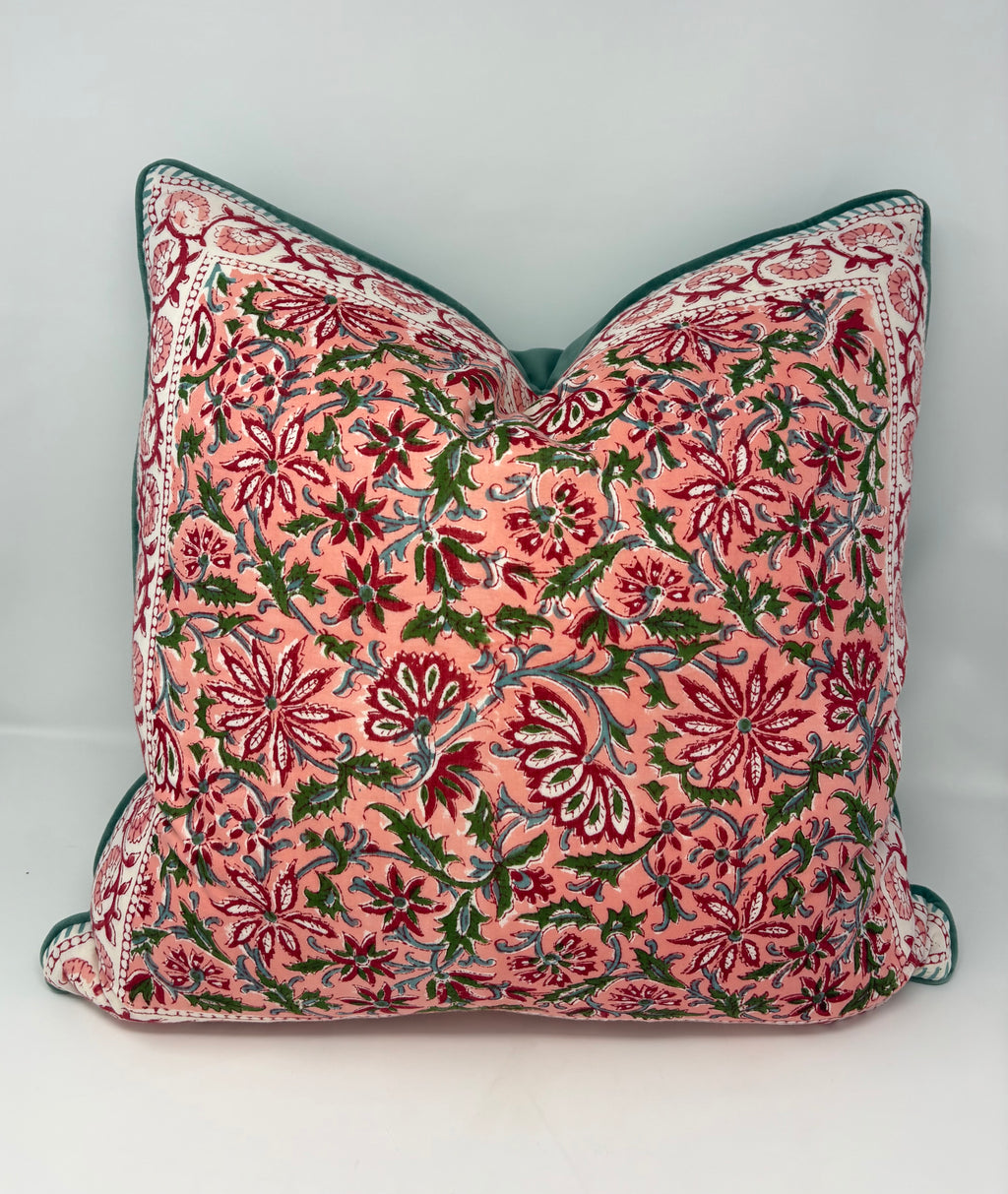 Hand Blocked Floral Pillow- Coral and Teal