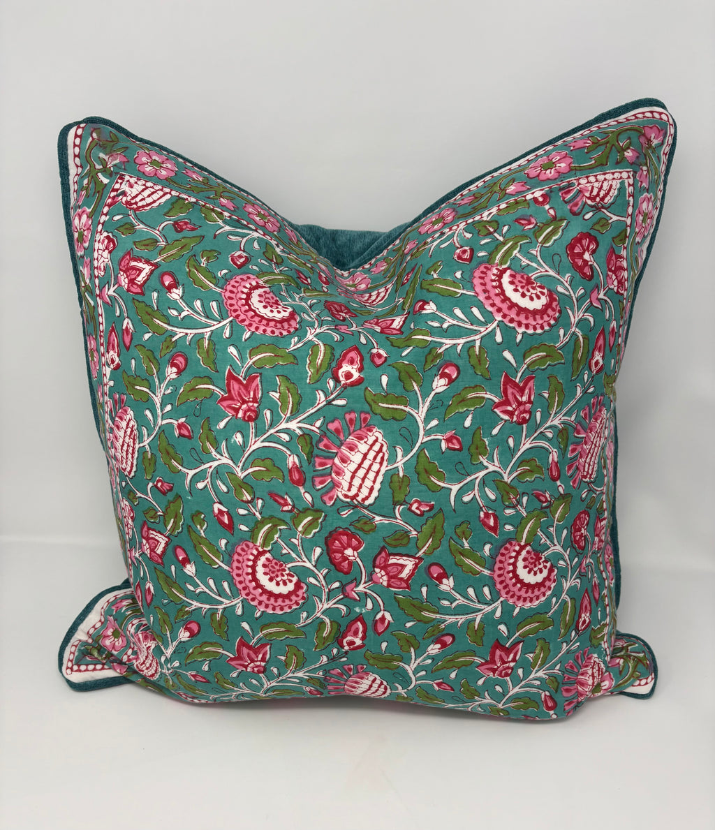 Hand Blocked Floral Pillow- Pink and Teal