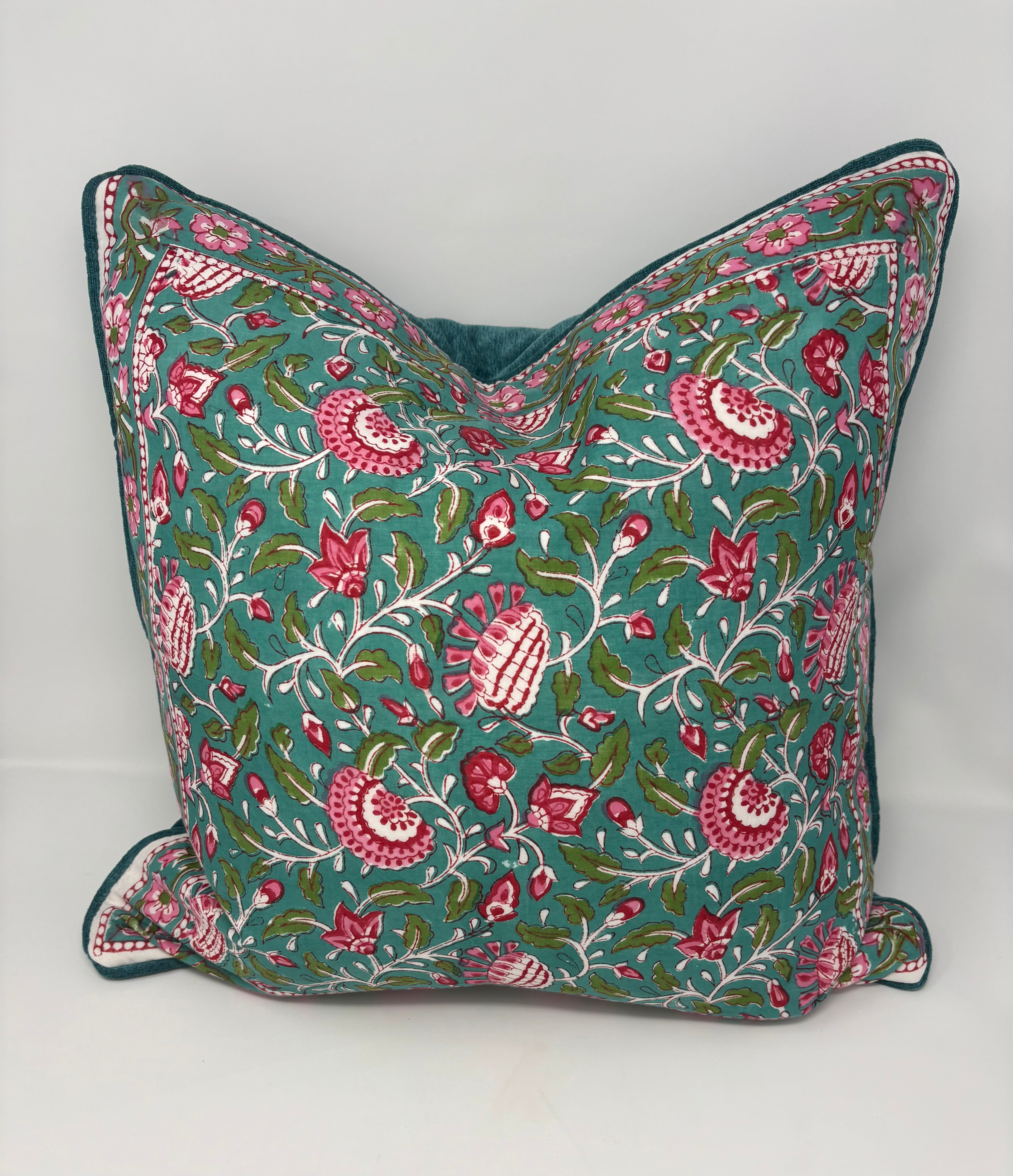 Hand Blocked Floral Pillow- Pink and Teal