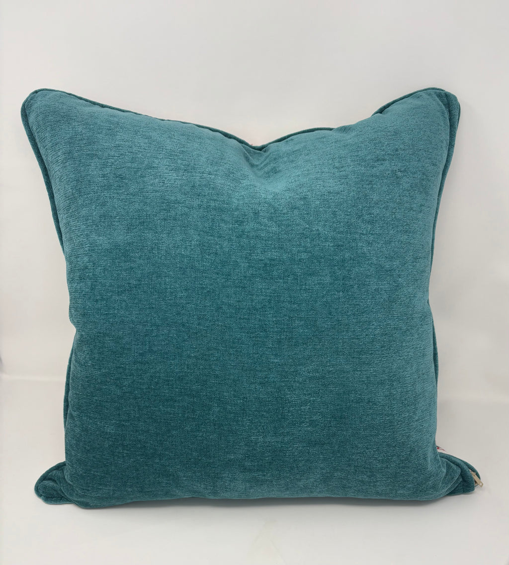 Hand Blocked Floral Pillow- Pink and Teal