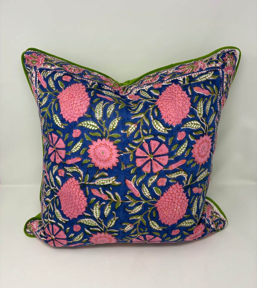 Hand Blocked Floral Pillow - Navy and Green