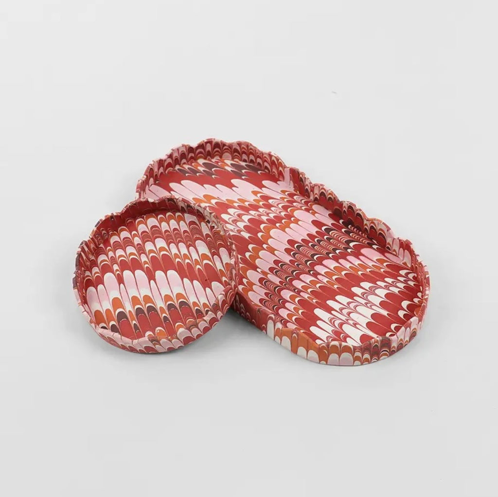 Hand Marbled Round Scalloped Tray Set