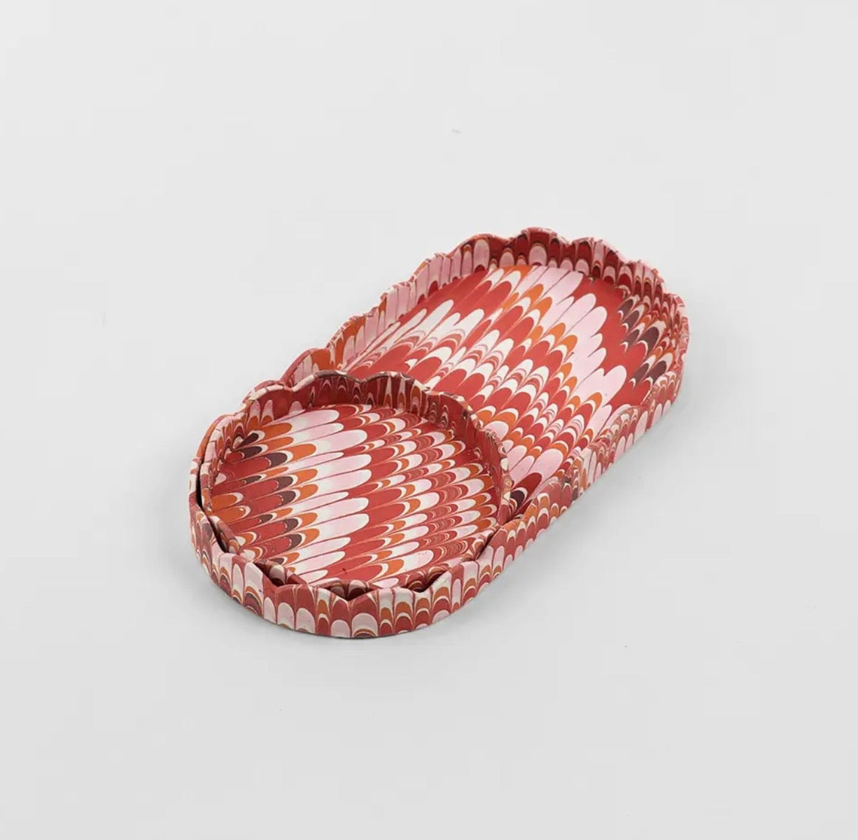 Hand Marbled Round Scalloped Tray Set
