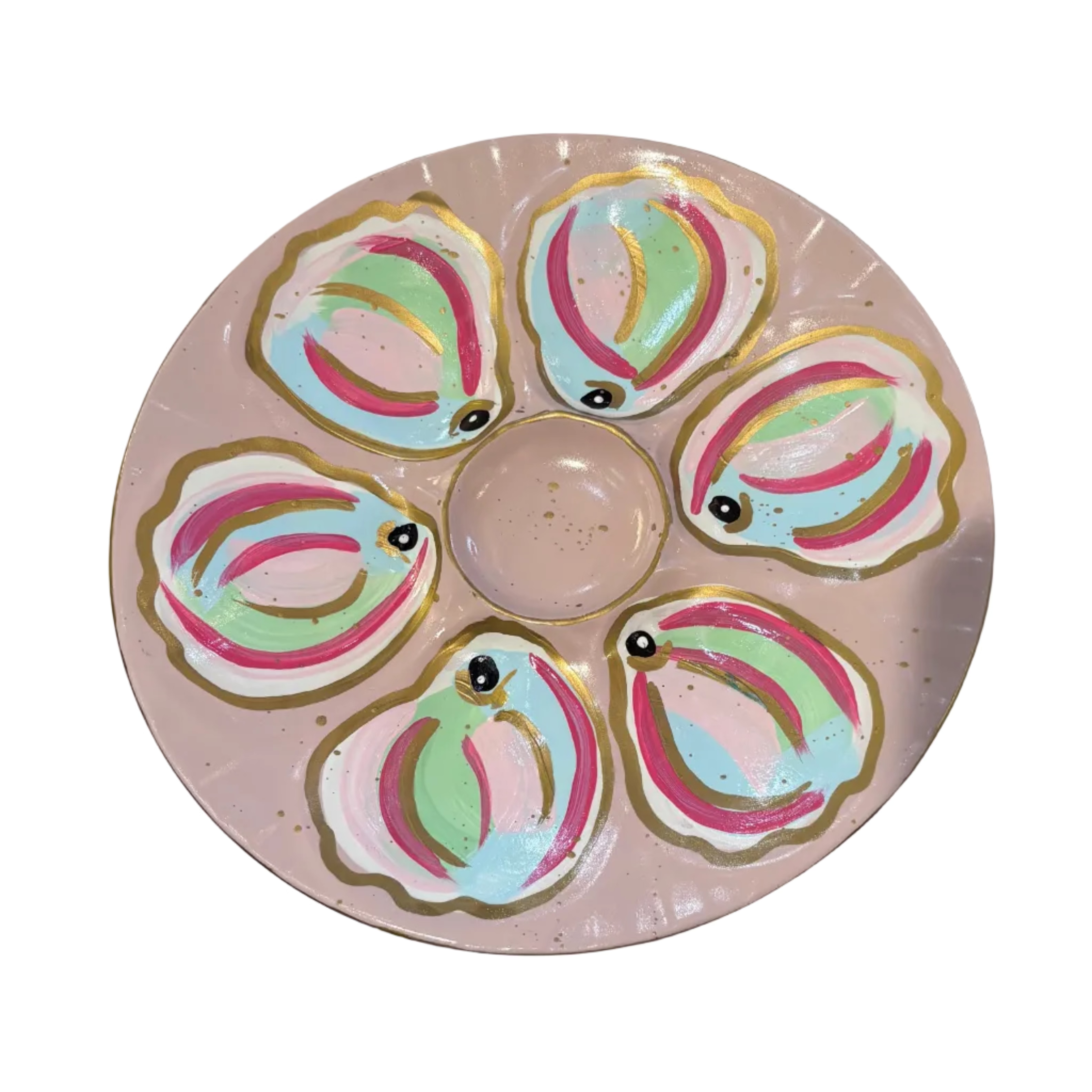 Hand-painted Oyster Plate (Light pink with green, hot pink, blue, and gold)