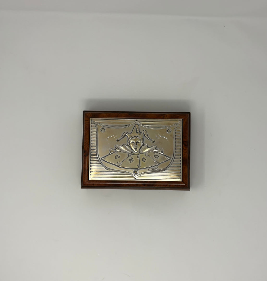 Italian Wooden Card Box with Sterling Silver Inlaid Jester - Signed