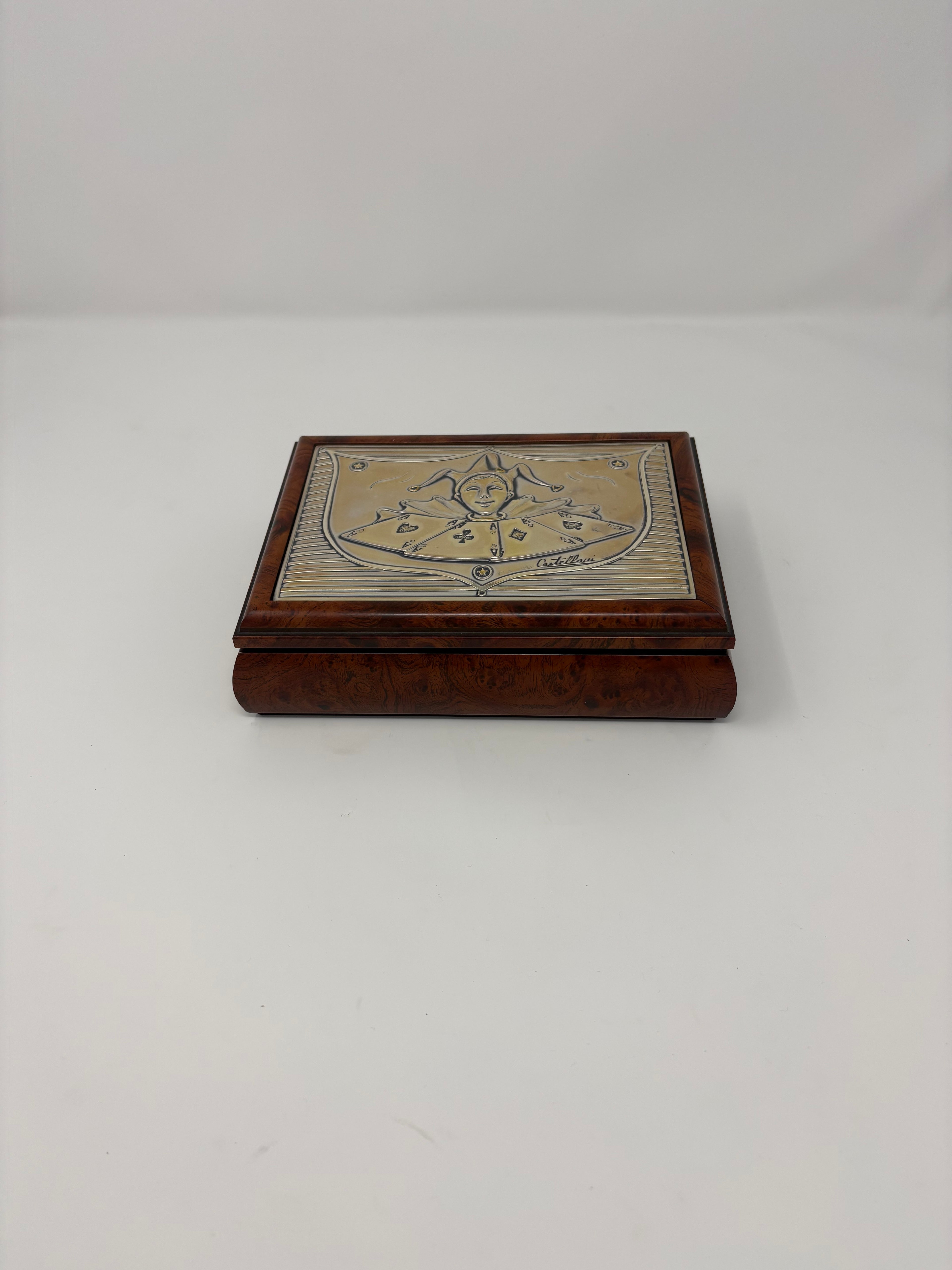 Italian Wooden Card Box with Sterling Silver Inlaid Jester - Signed