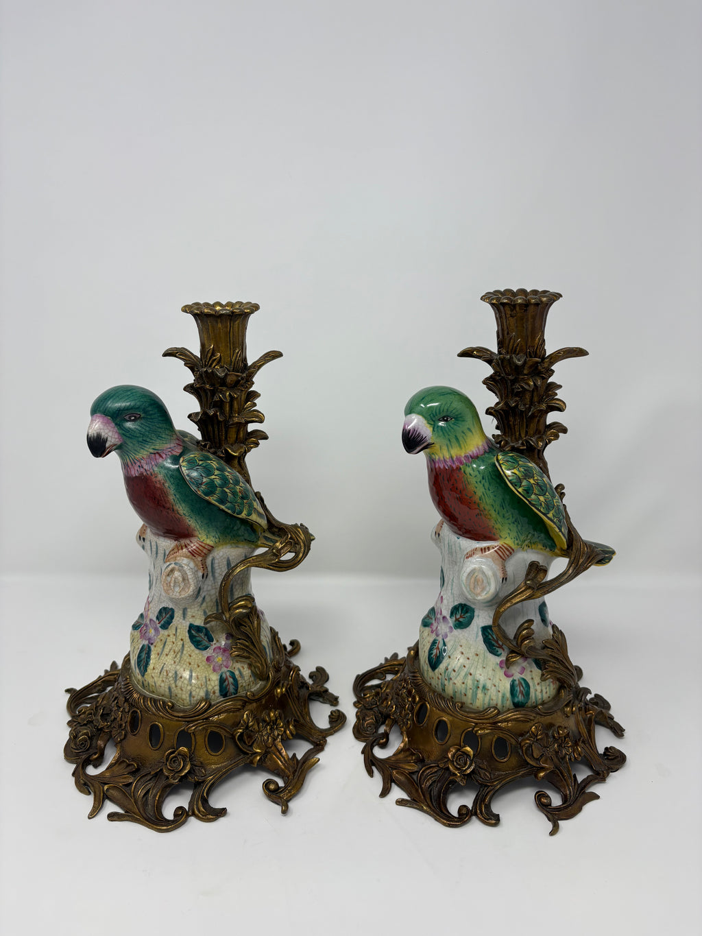 Pair of Porcelain Parrot Candleholders