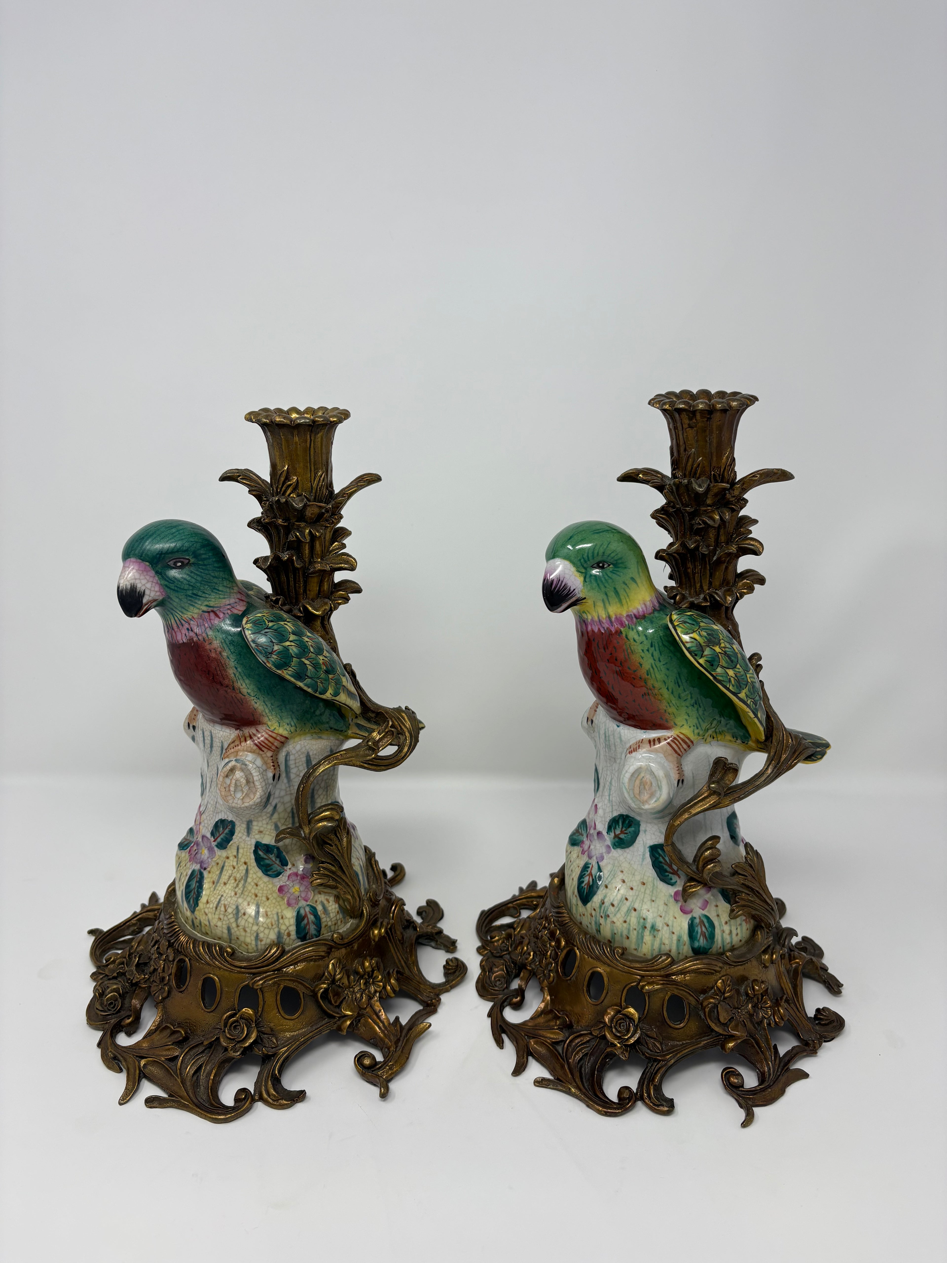 Pair of Porcelain Parrot Candleholders