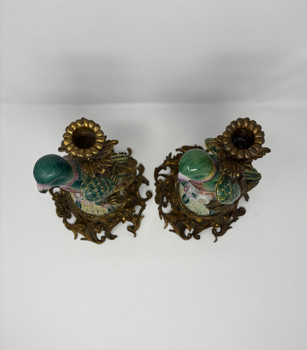 Pair of Porcelain Parrot Candleholders