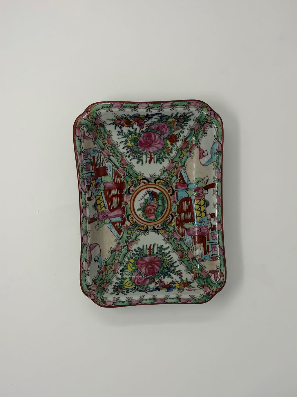 Rare 19th Century Handpainted Rectangular Rose Medallion Serving Dish with Scalloped Corners