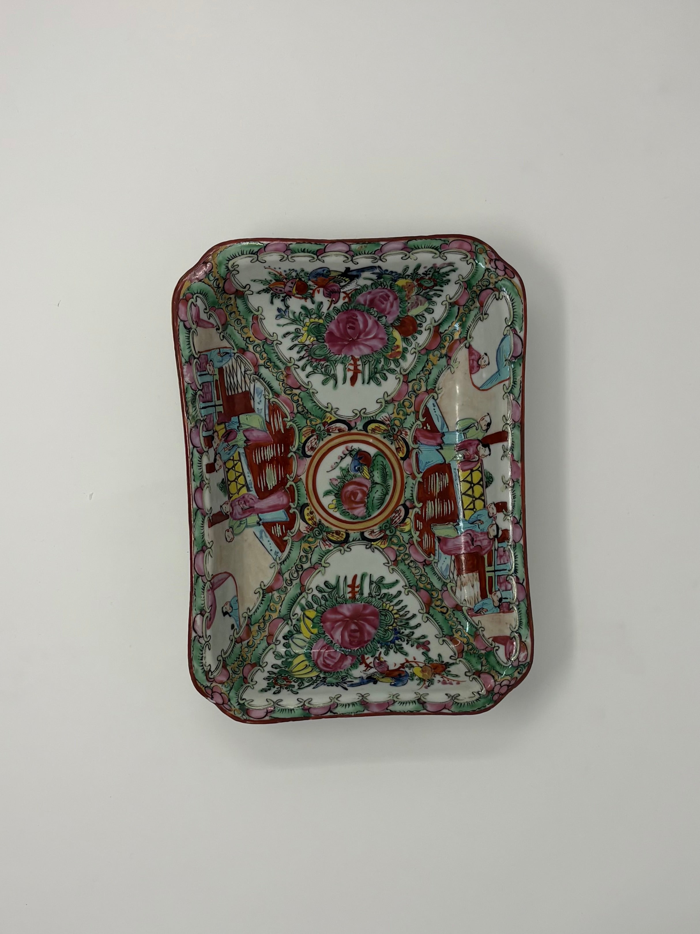 Rare 19th Century Handpainted Rectangular Rose Medallion Serving Dish with Scalloped Corners