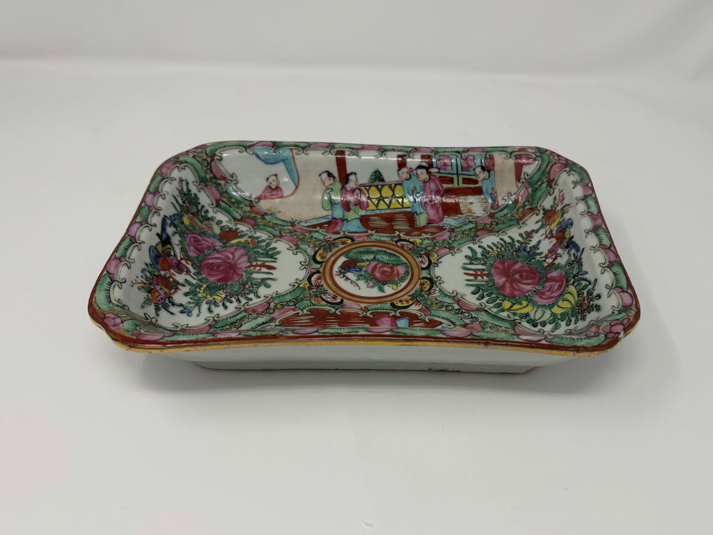 Rare 19th Century Handpainted Rectangular Rose Medallion Serving Dish with Scalloped Corners
