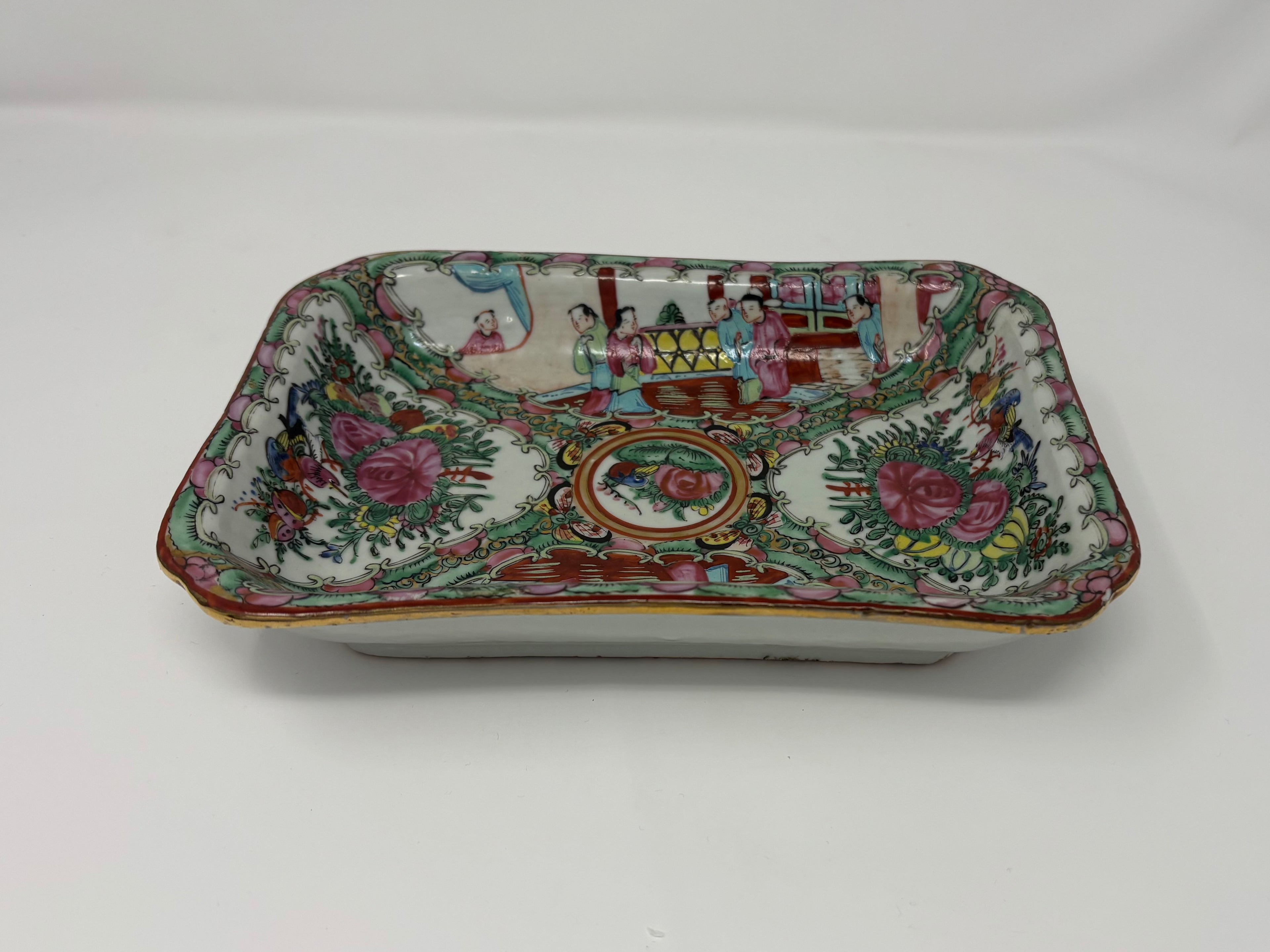 Rare 19th Century Handpainted Rectangular Rose Medallion Serving Dish with Scalloped Corners