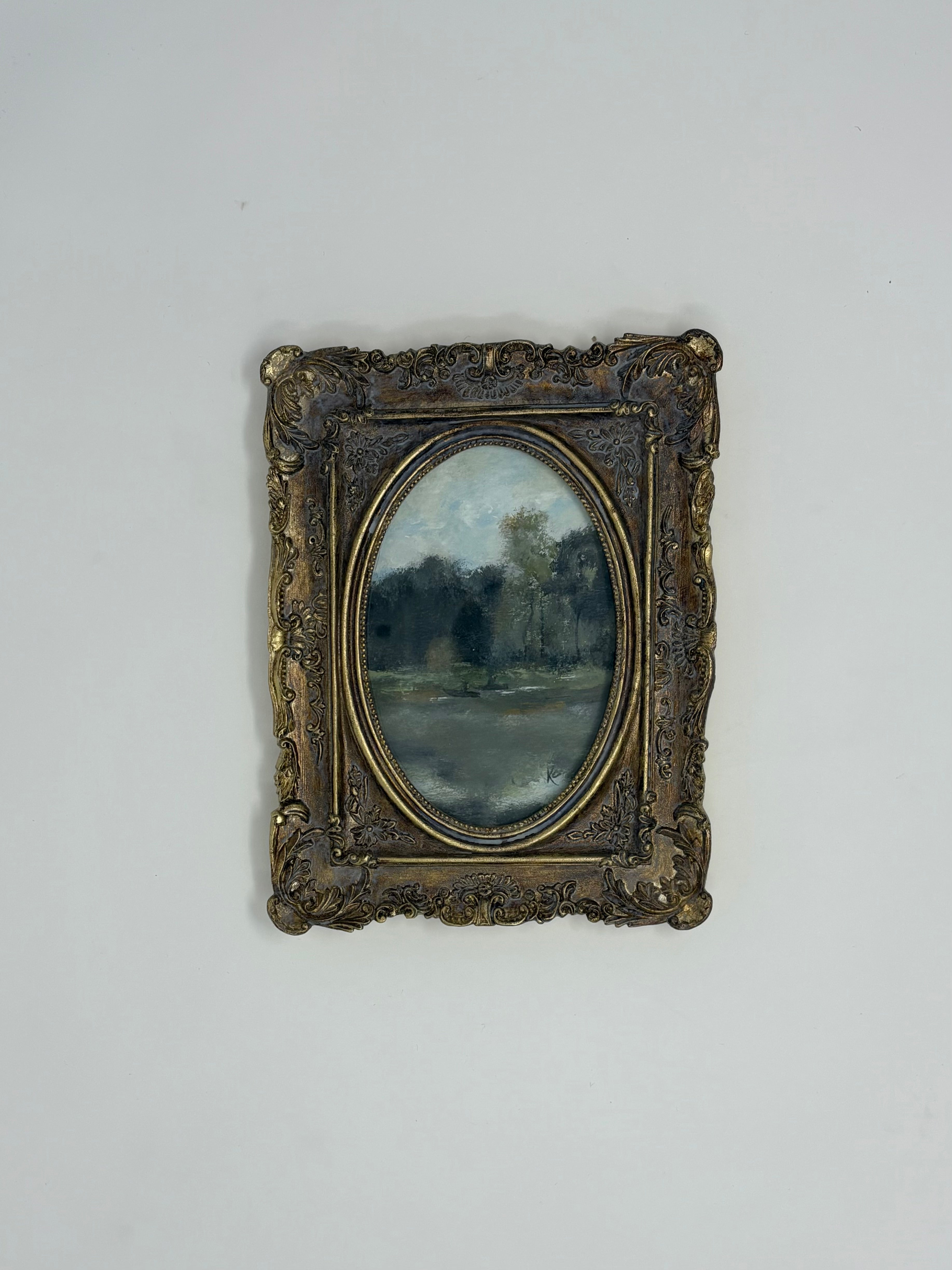 Vertical Oval Ornate Framed Landscape Painting - Local Artist 