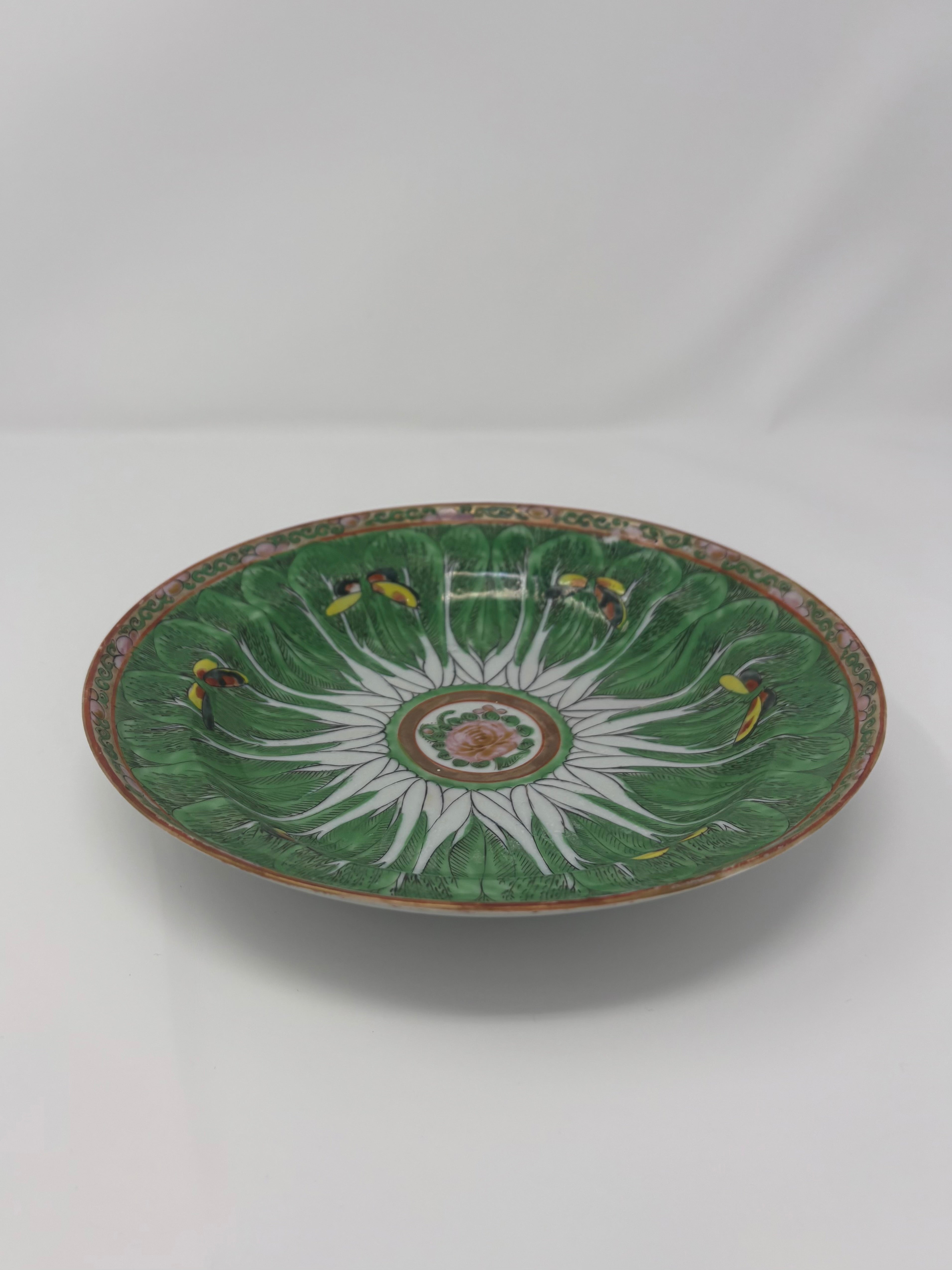 Very Rare 19th Century Bok Choy mixed with Rose Canton Plate/Bowl