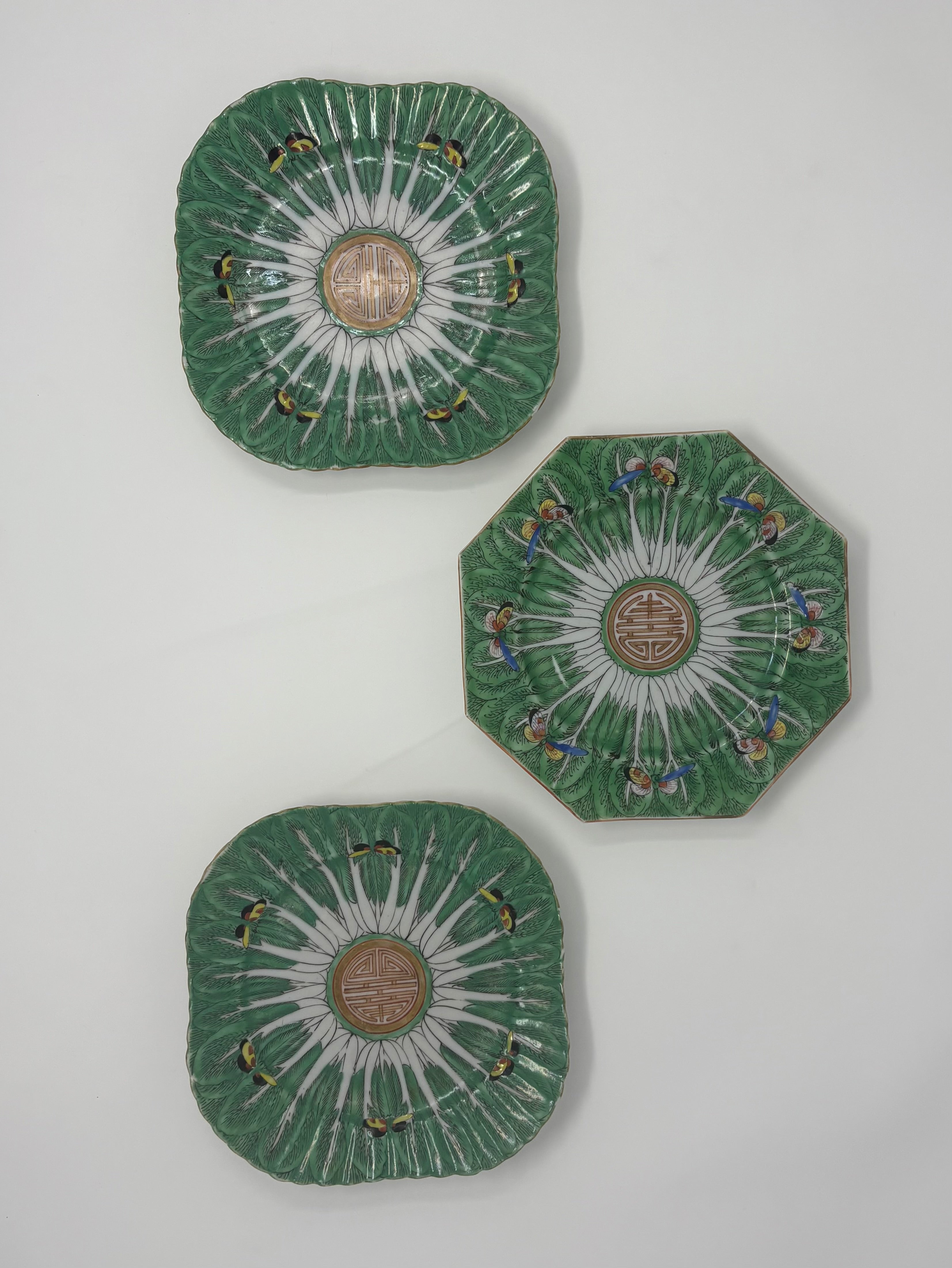 Very Rare 19th Century Famille Verte Bok Choy Plates-Set of 3