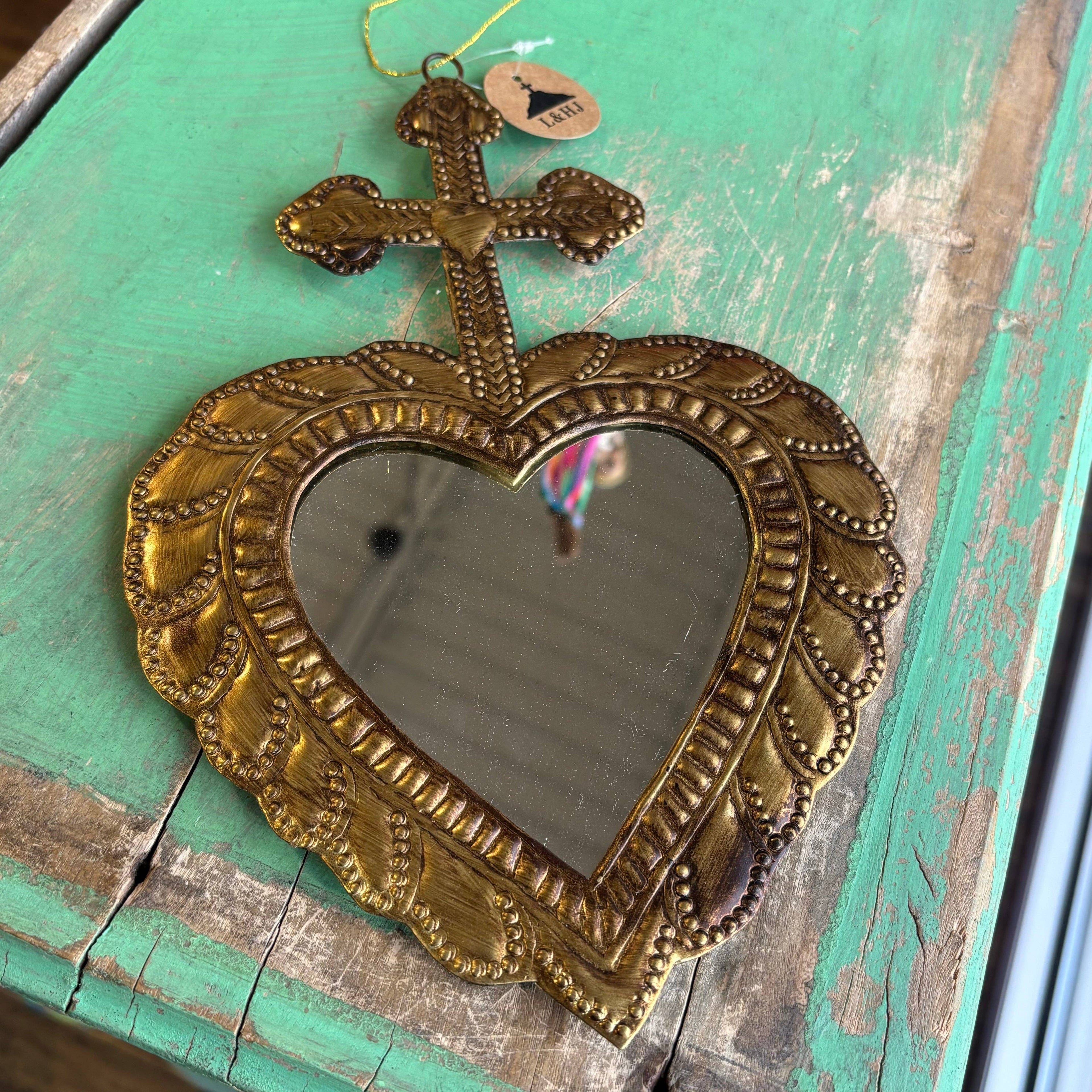 Cross on Heart Tin Mirror