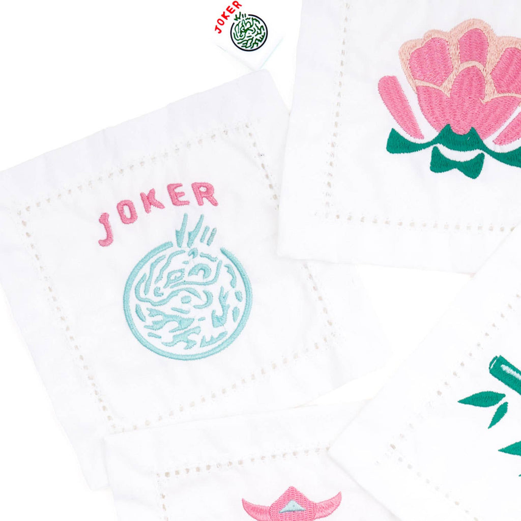 Cocktail Napkin Set, Mahjong Embroidered, 4-Piece Cotton