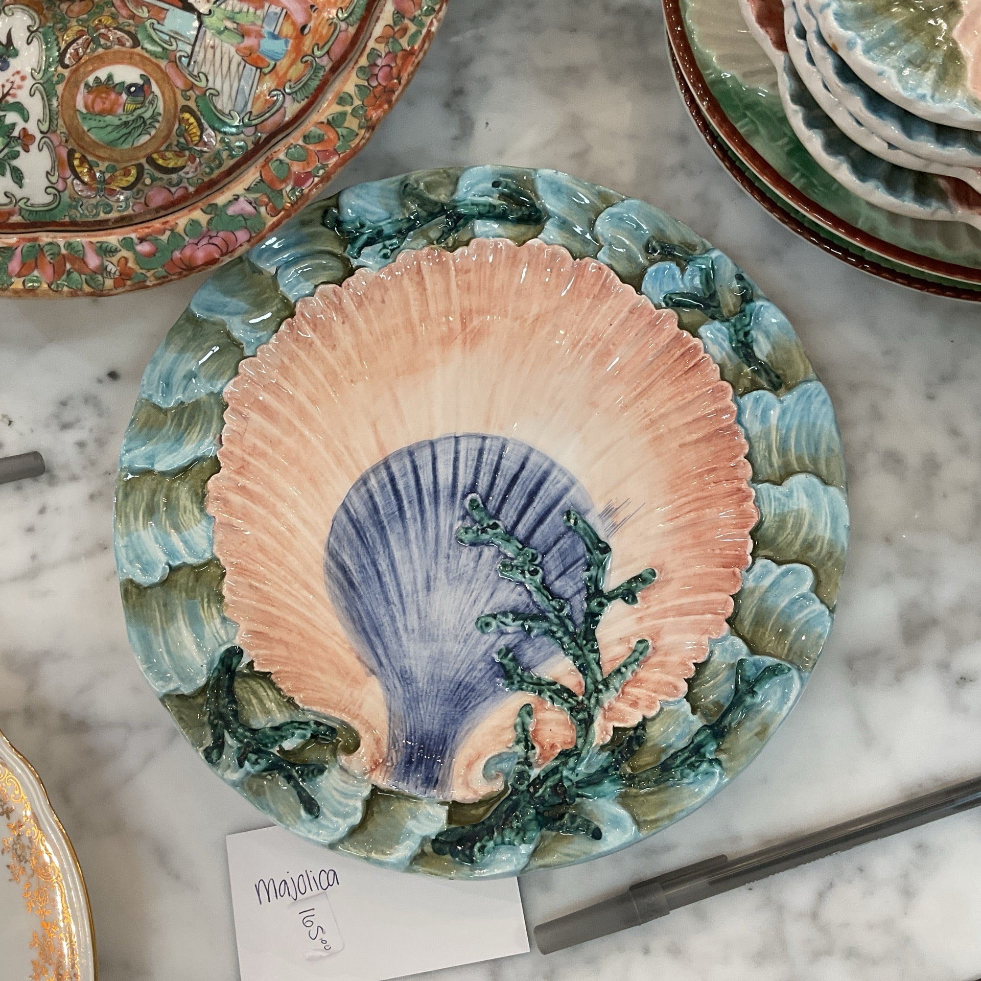 French Antique Majolica Seashell Plates